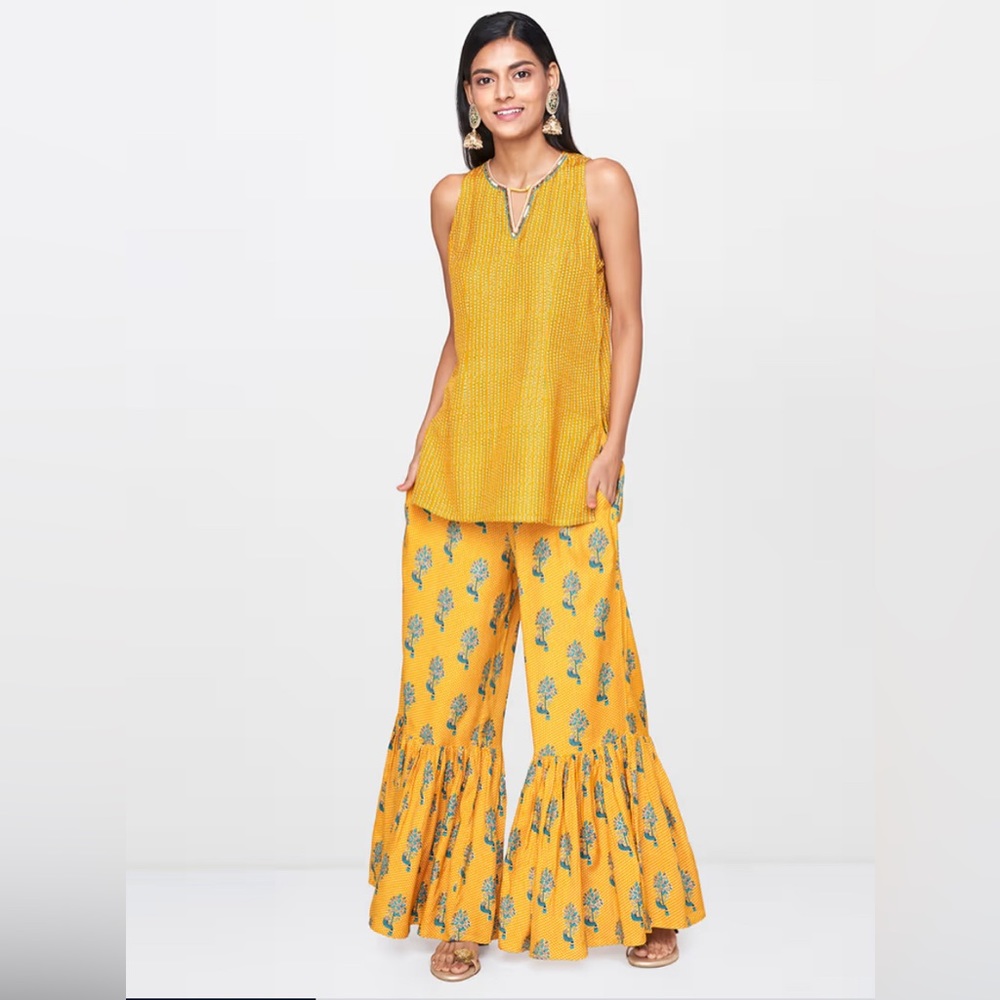 Global Desi Yellow Printed Sleeveless Kurta & Flared Pants Set